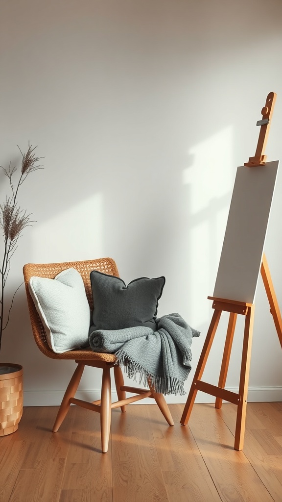 A cozy artist's chair with cushions and a blanket next to an easel in a bright room.