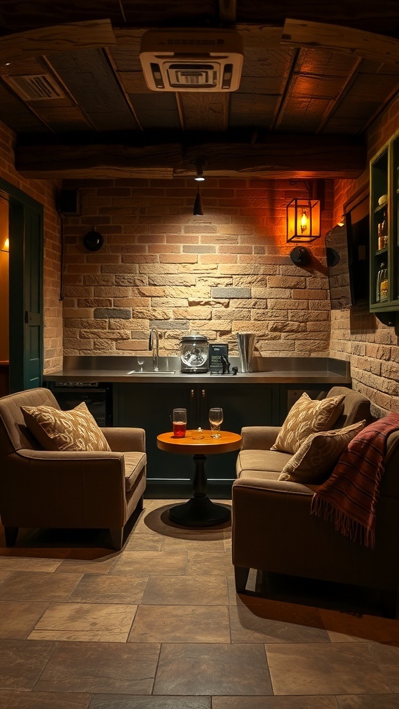 Cozy seating area in a rustic basement bar with plush chairs and a small table.