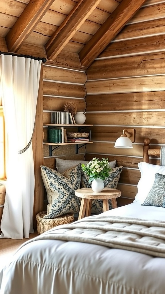 A rustic bedroom featuring a cozy seating nook with a chair and decorative elements.