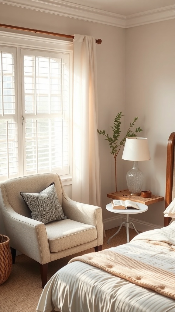A cozy bedroom nook with a soft armchair, a side table with a book, and natural light coming through the window.