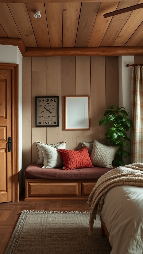 Cozy seating nook in a rustic farmhouse bedroom with cushions and plants.