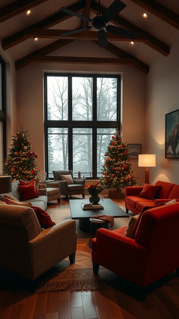 A cozy winter living room with comfortable seating and festive decorations.