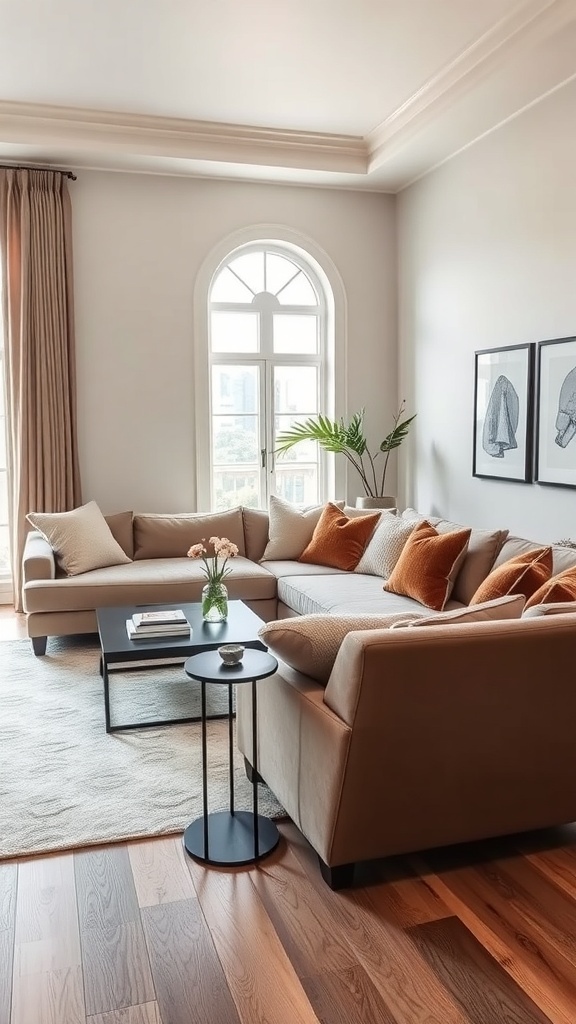 A cozy sectional sofa with warm tones and textured pillows in a farmhouse boho living room.