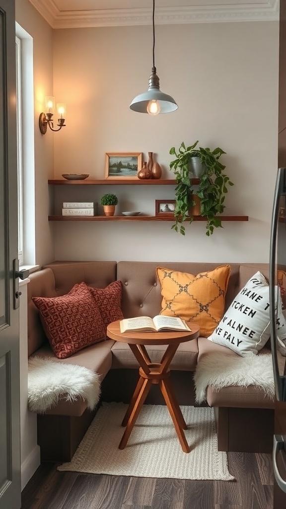 Cozy kitchen nook with comfortable seating, cushions, and a small table.