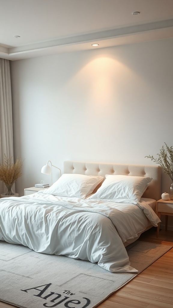 A cozy bedroom with a soft bed, neutral colors, and a warm rug.