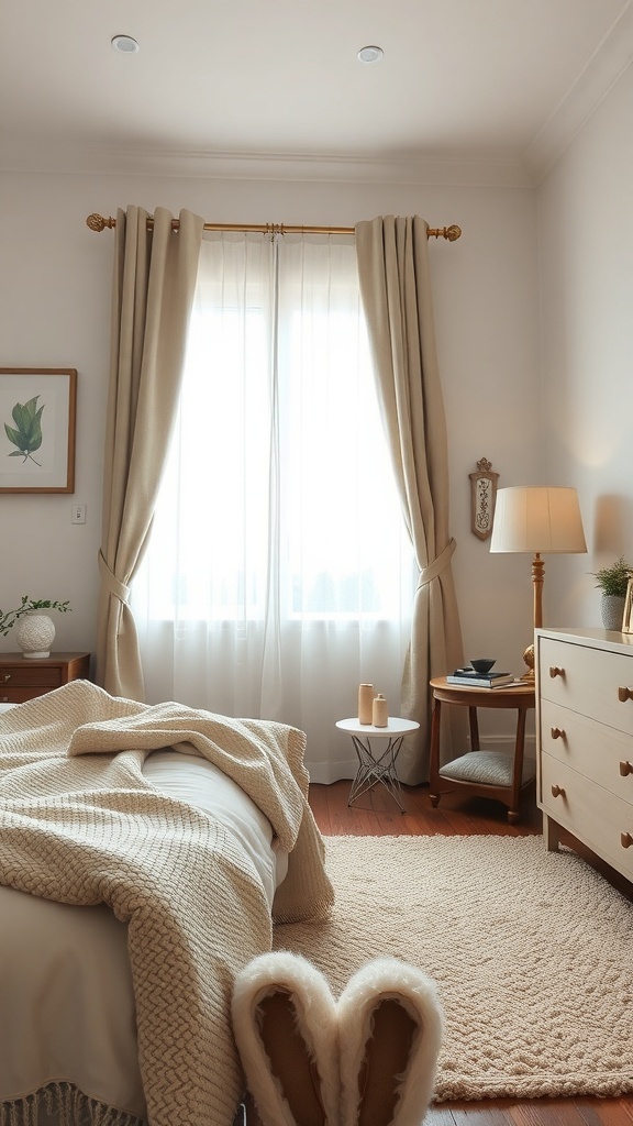A cozy bedroom with a soft throw and comfortable slippers