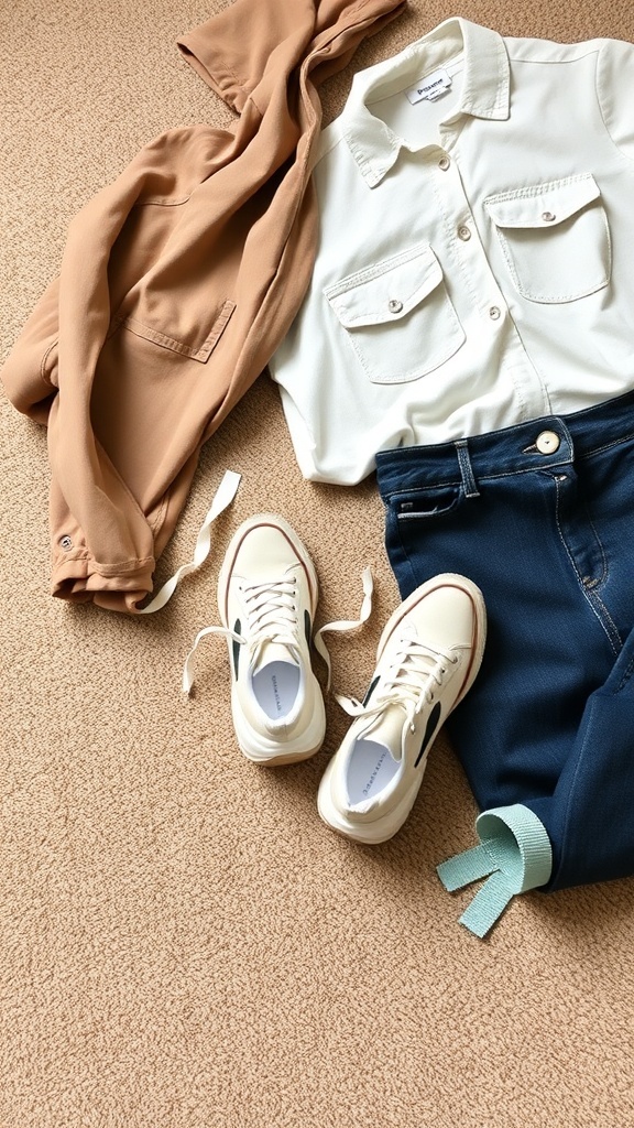 A smart casual outfit featuring comfortable sneakers, a light shirt, and jeans.