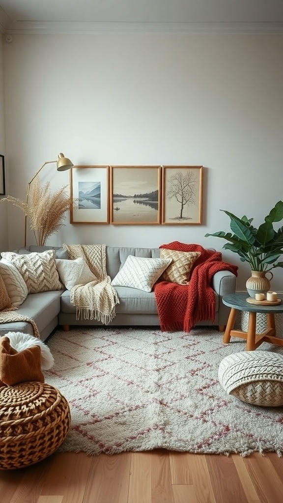 A cozy modern farmhouse living room with soft textiles and fabrics.