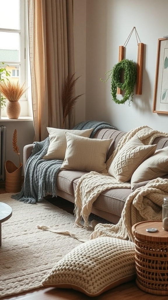 Cozy industrial farmhouse living room with soft textiles and fabrics.