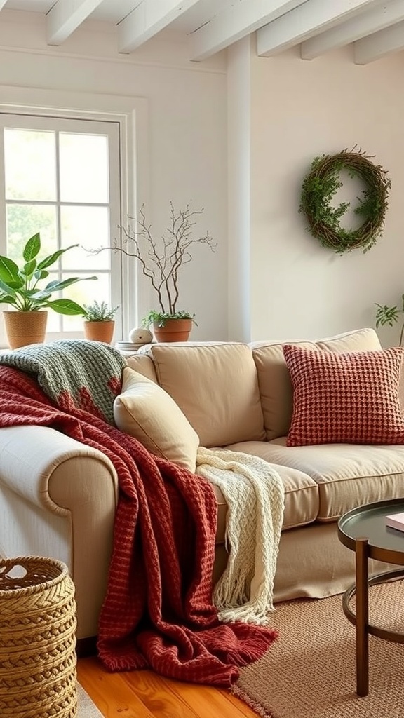A cozy cottage living room with soft textiles, including throws and pillows on a beige sofa.