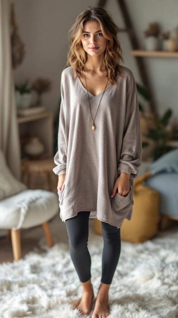 A woman wearing a comfortable tunic and leggings, standing in a cozy indoor setting.