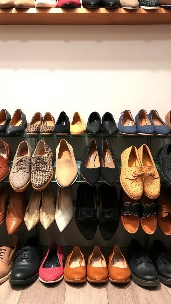 A variety of comfortable yet professional footwear displayed on shelves, including flats, heels, and loafers in different colors and styles.