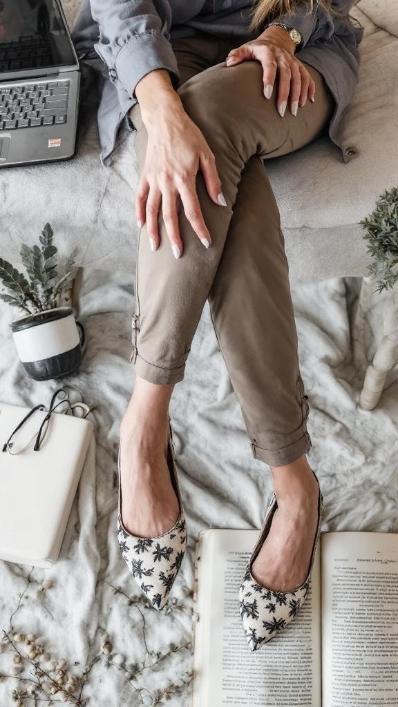 A pair of stylish red flats worn by a woman sitting at a desk with a laptop.