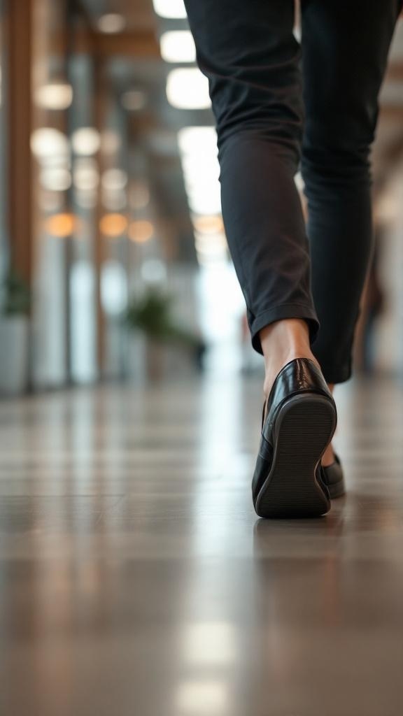 A close-up view of a person walking in black loafers in a modern office corridor.