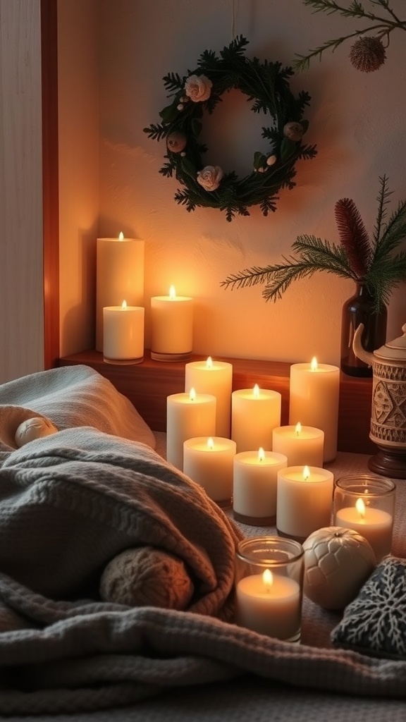 A cozy winter room with lit scented candles and a warm blanket.