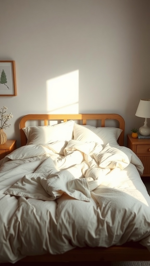 A cozy fall bedroom with a neatly made bed, soft bedding, and warm sunlight.