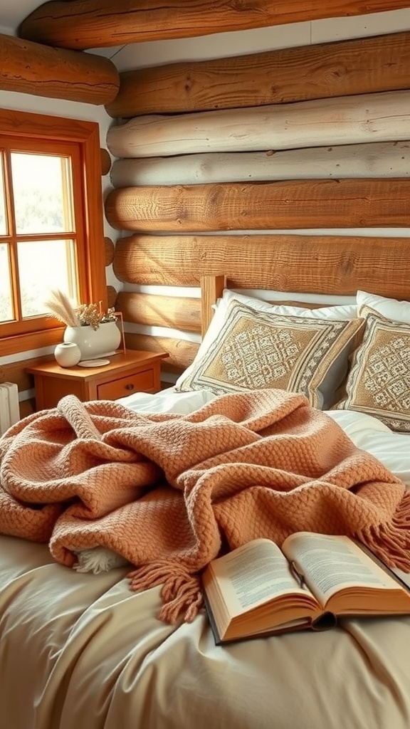 A cozy rustic bedroom with a warm blanket and an open book on the bed.