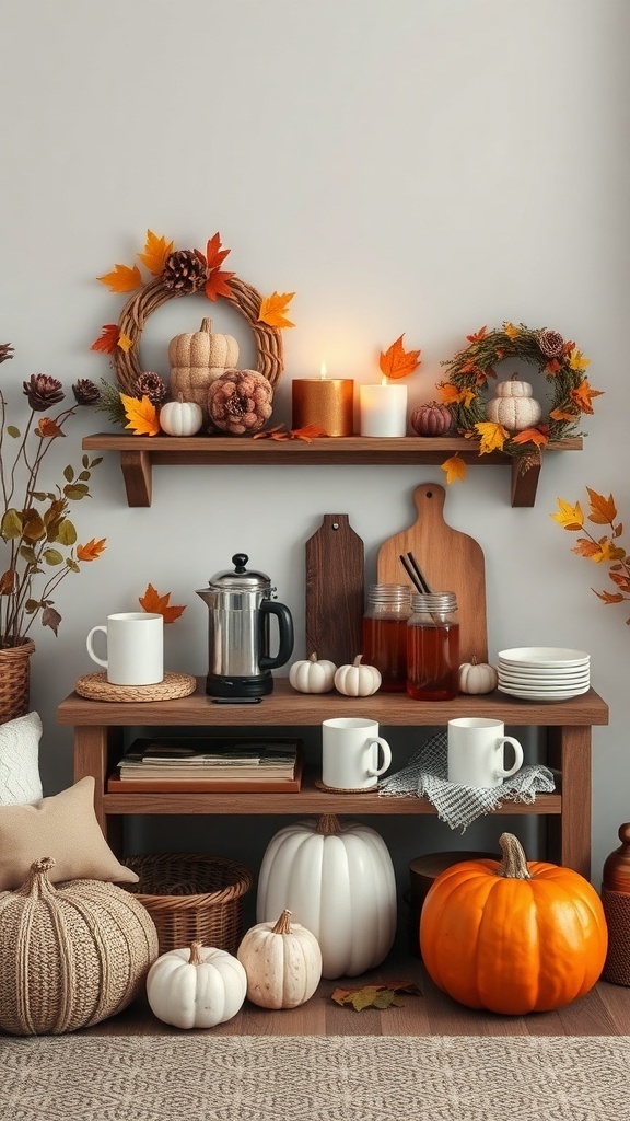 A cozy hot beverage station with mugs, a French press, and fall decorations.
