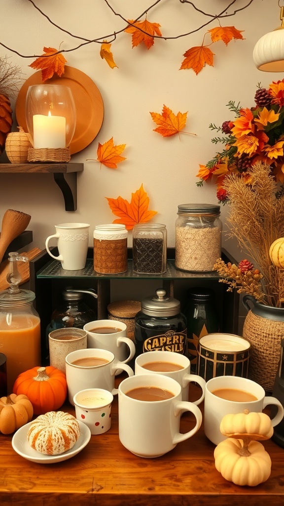 A cozy hot beverage station with mugs, pumpkins, and autumn leaves.