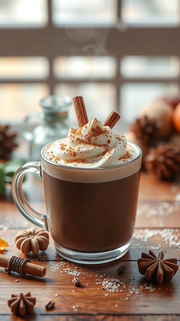 A cozy cup of hot chocolate topped with whipped cream and cinnamon sticks, surrounded by autumn decorations.