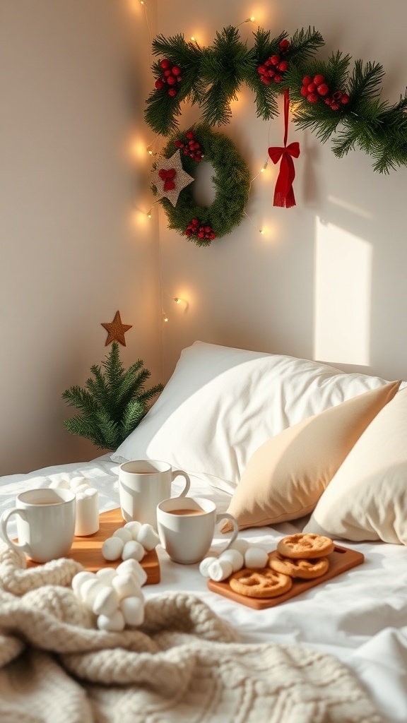A cozy hot cocoa station with mugs, marshmallows, and cookies on a bed decorated for Christmas.