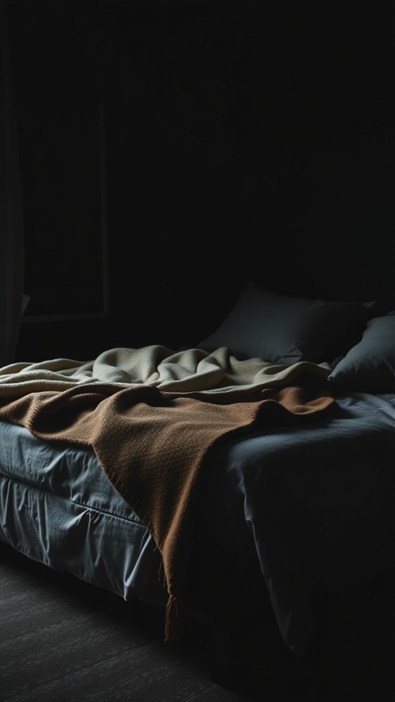A cozy bed with a brown throw blanket draped over it in a dark bedroom.