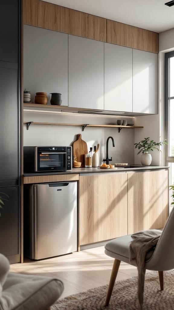 A compact kitchen featuring modern appliances, wooden cabinets, and an organized layout.