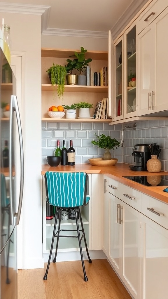 Compact corner bar setup in a kitchen with a wooden countertop, wine bottles, and potted plants.