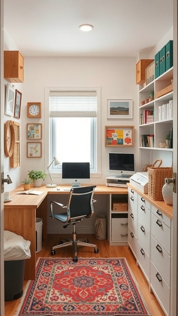 A small craft room featuring a desk, two computers, shelves, and decorative items.