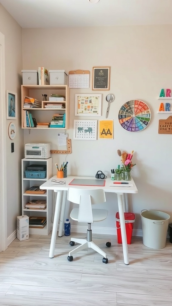 A compact craft table with shelves and organized supplies in a small room.