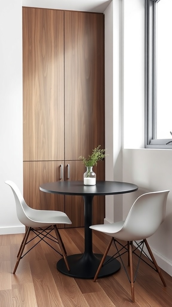 A small round dining table with two white chairs in a modern setting.