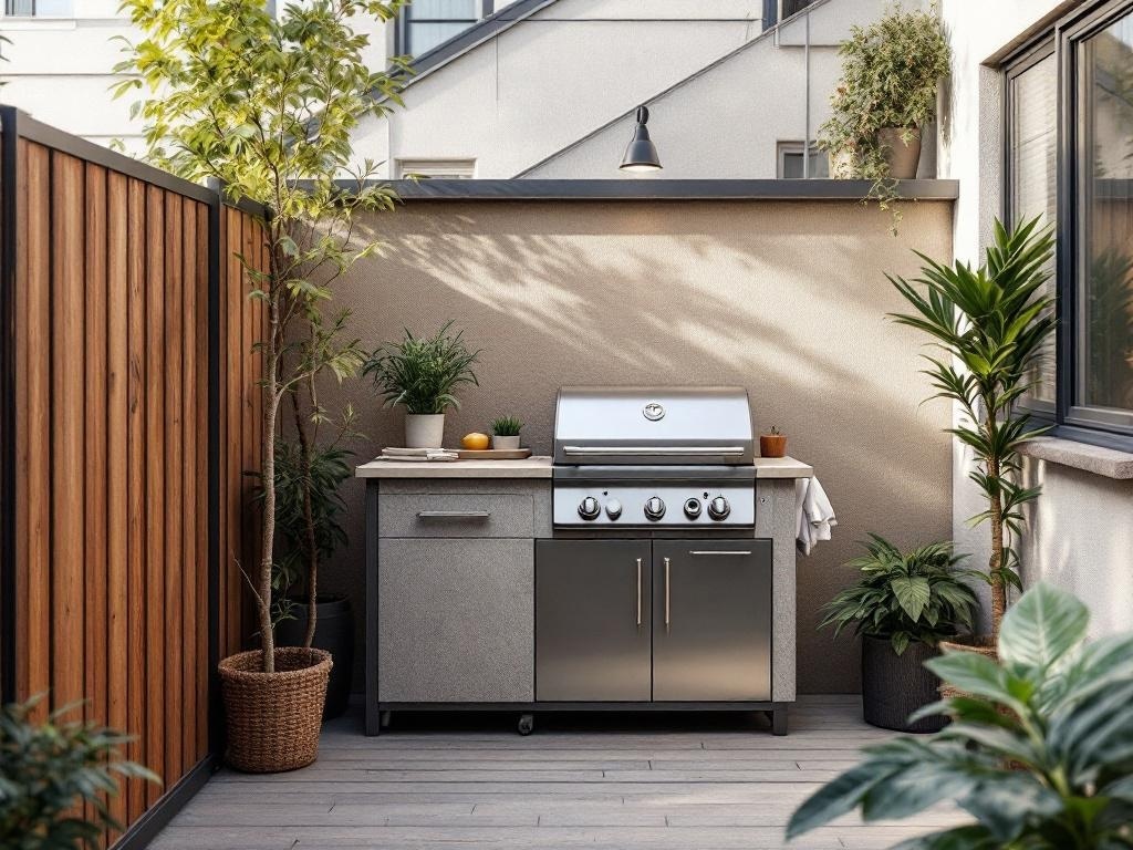 A compact outdoor grill station with a modern grill, countertop, and surrounding plants.