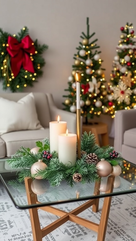 A cozy holiday centerpiece featuring candles, greenery, and ornaments on a glass table.
