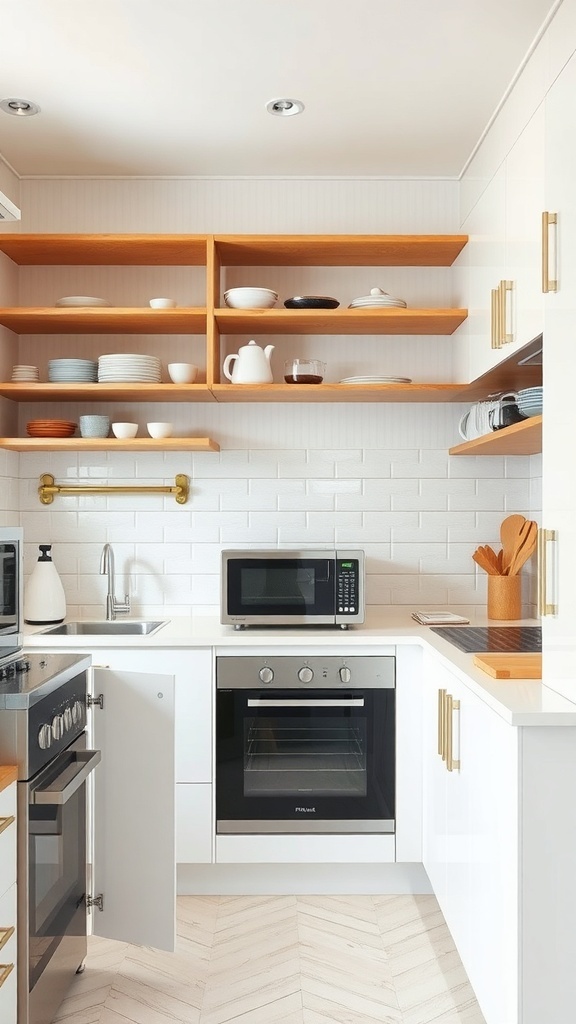 A compact kitchen featuring open shelving, white cabinetry, and efficient appliance layout.
