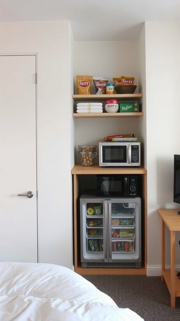 Compact kitchenette setup in a dorm room with a microwave, mini-fridge, and shelves.
