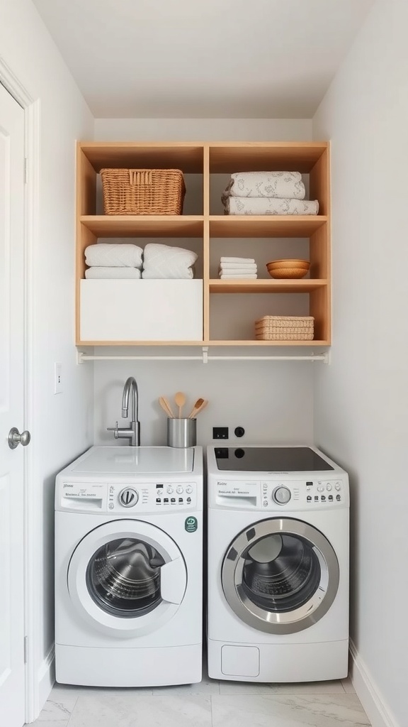 Compact laundry room with stacked washer and dryer, wooden shelving, and neatly organized towels and baskets.