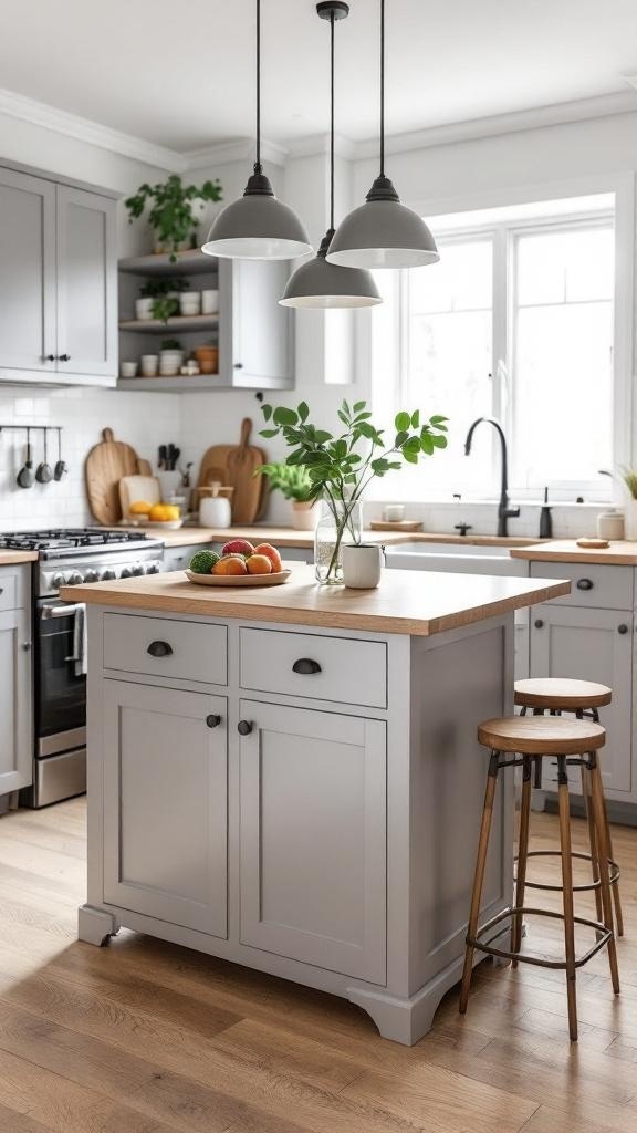 A compact kitchen island with a light gray finish and wooden top, featuring two drawers and surrounded by stools.