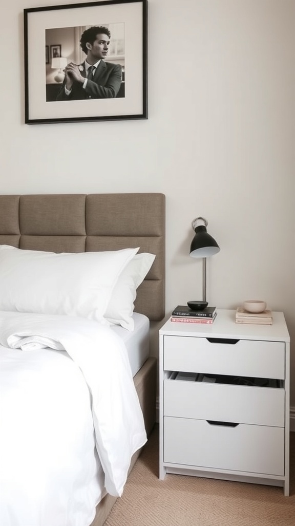 A compact nightstand with two drawers beside a bed, featuring a lamp and some books on top.