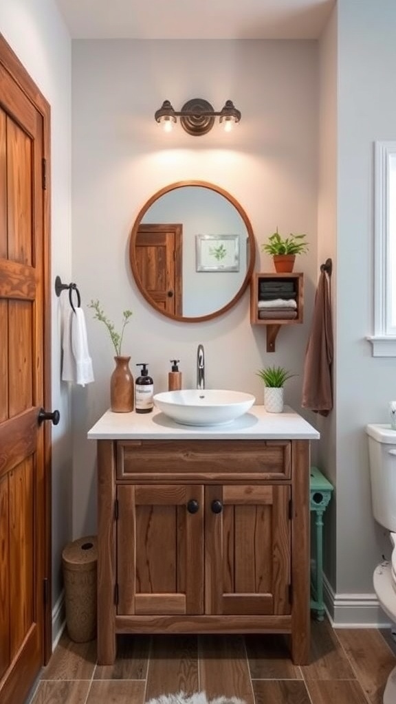 A compact rustic bathroom vanity made of wood with a sink and mirror.