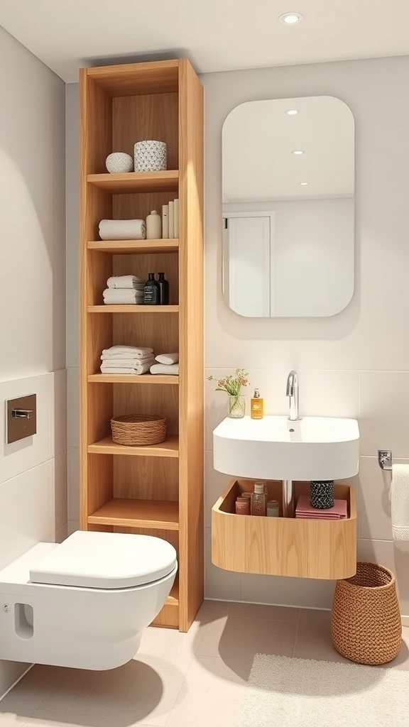 A minimalist bathroom featuring a tall wooden shelving unit for compact storage, a modern sink, and a cozy atmosphere.