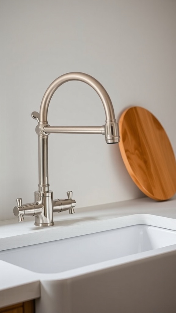 A stylish faucet above a farmhouse sink with a wooden cutting board in the background.
