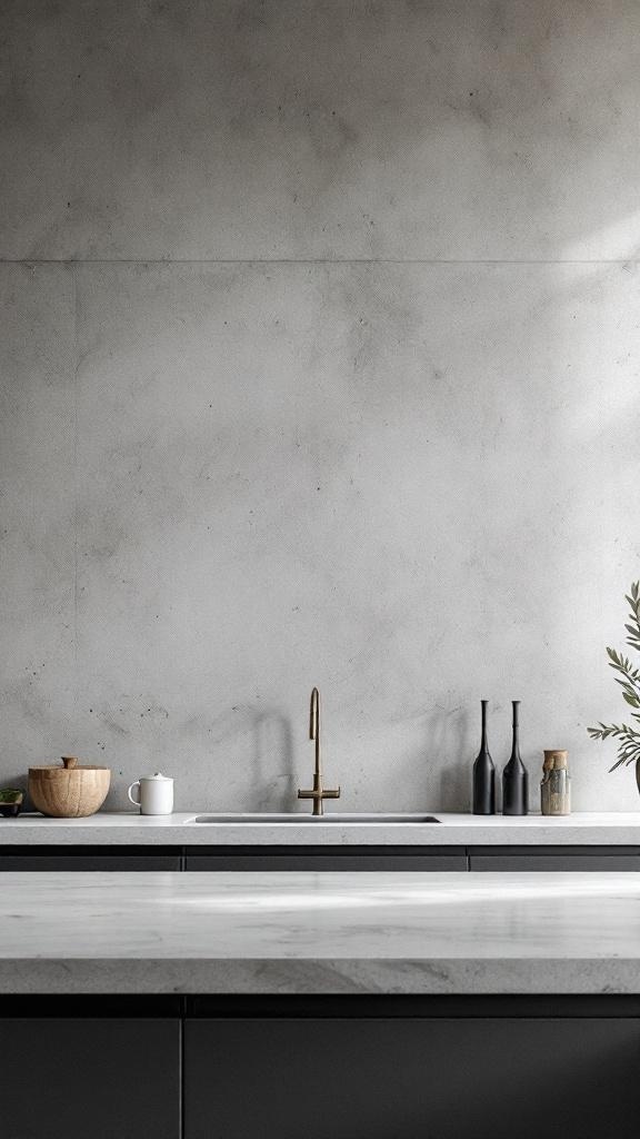 A modern kitchen with a concrete splashback, dark cabinetry, and a marble countertop.