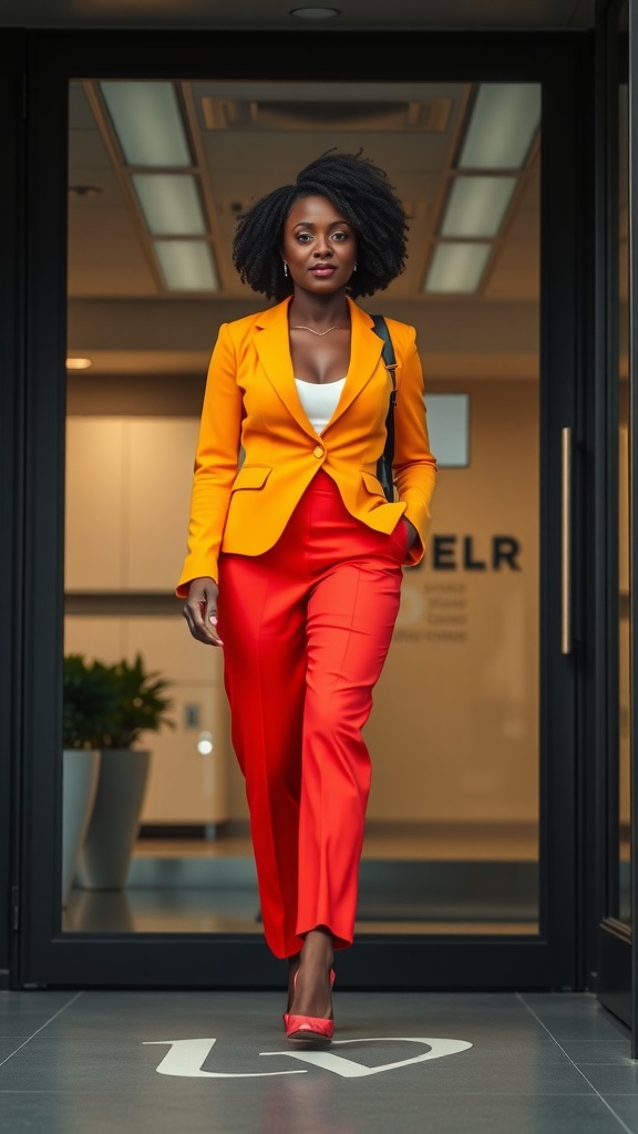 A confident black woman in a bright orange blazer and red pants walking in a modern office setting.