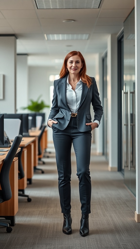 A confident woman in a tailored business casual outfit, standing in an office environment.