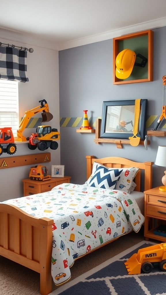 A boys bedroom styled as a construction zone with toy trucks and tools.
