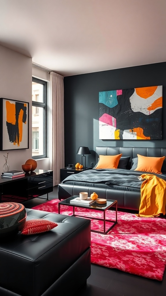 A contemporary bedroom featuring black furniture with colorful accents.
