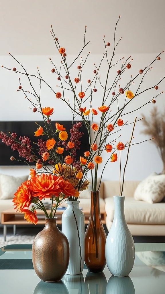 A collection of contemporary vases filled with autumn flowers and branches, showcasing warm colors and modern designs.