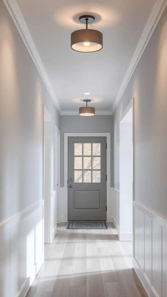 A hallway with contemporary flush mount lighting fixtures on the ceiling.