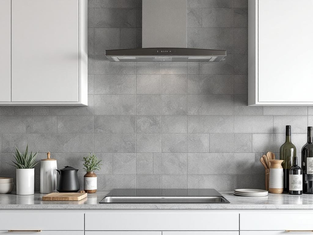 Contemporary gray tile backsplash in a modern kitchen with white cabinets and plants
