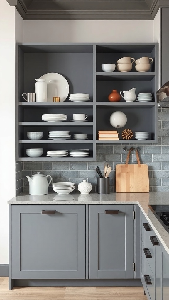 A contemporary grey kitchen featuring open shelving with neatly arranged dishware and decorative items.